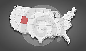 Utah State Highlighted on the United States of America 3D map. 3D Illustration