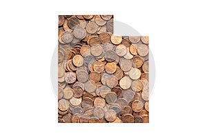 Utah State Map Outline and One Cent United States Money Concept, Piles of Coins, Pennies