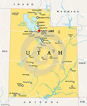 Utah, UT, political map, US state, nicknamed Beehive State