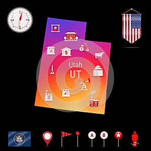 Utah Vector Map, Night View. Compass Icon, Map Navigation Elements. Pennant Flag of the USA. Industries Icons