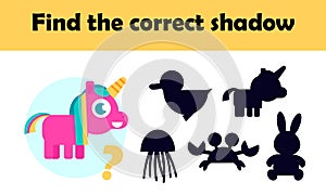 Ð¡ute animal: unicorn. Find the correct shadow  educational game for kids. Children entertainment  learning preschool game. Funny