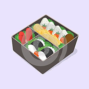 ute bento. Japanese lunch box. Funny cartoon food. Isometric colorful vector illustration.
