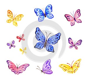 Ð¡ute butterflies set. Hand painted watercolor illustrations