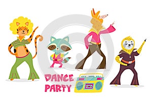 Ð¡ute cartoon animals in retro style. Dance party. Vector illustration for posters, cards, invitation.
