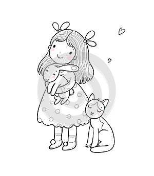 Ute cartoon girl with a cat and a rabbit. Baby with animals. Illustration for colorin book photo