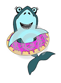 Ð¡ute cartoon shark swims in donut.