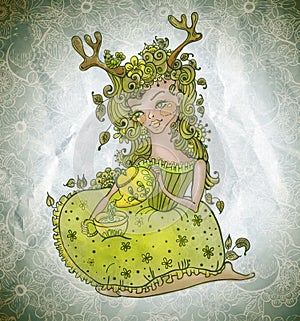 Ð¡ute fairy girl in flowers with green teapot and tea cup