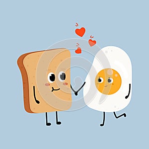 Ð¡ute fried egg and bread falling in love. Love and Valentine\'s Day concept. Illustration isolated on blue background