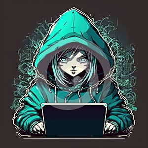 Ð¡ute girl hacker with laptop. Avatar in cartoon style. Generative Ai