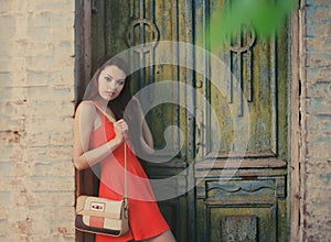 Ð¡ute girl near the old wooden door