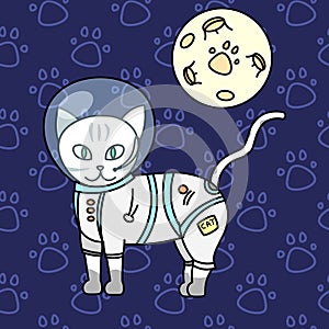 Ñute kitty, astronaut cat, baby vector illustration, seamless background pattern