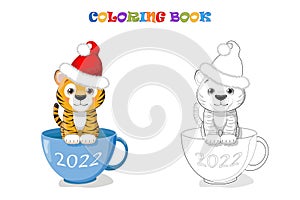 Ð¡ute little tiger in a Santa hat is sitting in a blue cup. Coloring page and colorful clipart. Cute design for t shirt print,