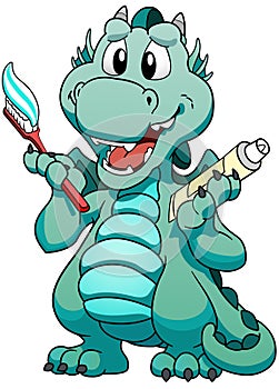 Ð¡ute mint dragon with toothpaste and toothbrush on white background.