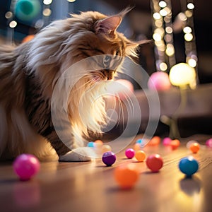 ute siberian kitten, maine coon cat sitting on the floor and playing with colorful balls on floor at home