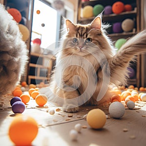 ute siberian kitten, maine coon cat sitting on the floor and playing with colorful balls on floor at home