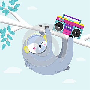 Ð¡ute sloth hanging on branch and listening to music on headphones. flat vector illustration
