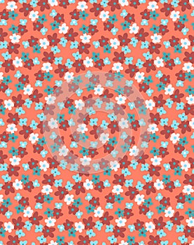 Ð¡ute spring summer print with decorative blue, red and white flowers isolated on a coral pink background