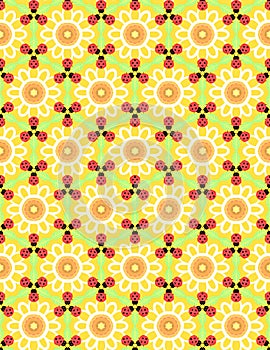 Ð¡ute summer seamless pattern with white daisy flowers and red ladybugs on bright yellow background