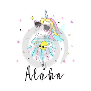 Ð¡ute unicorn with inscription - Aloha. For print design. Can be used for poster, greeting card, bags, t-shirt.