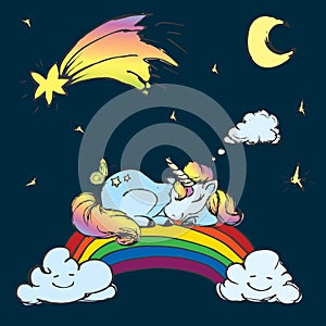 Ð¡ute Unicorn sleep on the rainbow,sky with moon,stars and comet