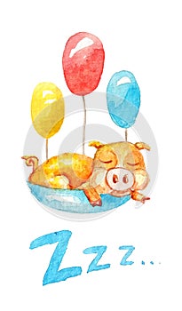 Watercolor pig sleep in backet with different colours ballons photo