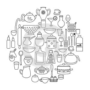 Kitchen doodles utensils, kitchenware, table ware set. Colouring page