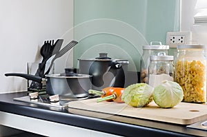 Utensil on counter in modern kitchen room
