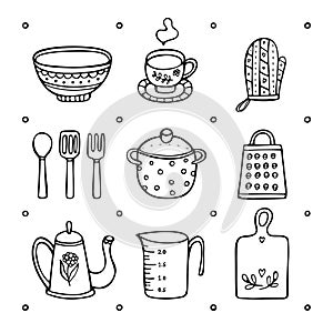 Utensil isolated in white background. Doodle set.