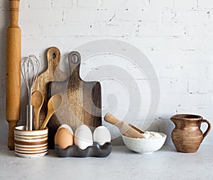 Utensils and baking ingredients. Kitchen interier