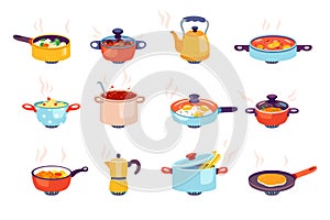 Utensils with cooking food differing dish processing on burning gas stove isolated set on white photo