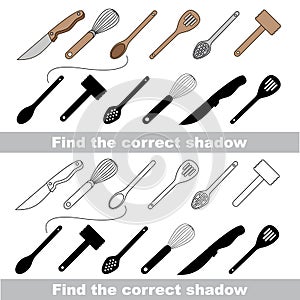 Utensils set. Find correct shadow.