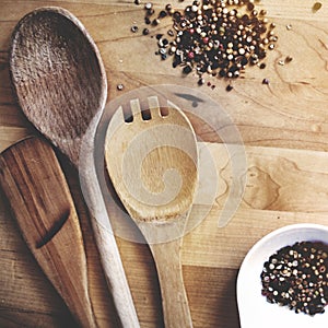 Utensils Spoon Spice Cardamom Chili Condiment Concept photo