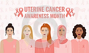 Uterine Cancer Awareness Month. Diverse women with peach ribbons on chest stand together against cancer. Cancer prevention, women