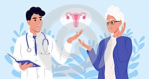 Uterine Fibroids symptoms, diagnostic and treatment. A doctor is talking to a patient with uterine fibroids. July is fibroid photo