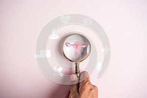 Uterus female reproductive system, women health, PCOS, ovary gynecologic and cervical cancer, magnifier focus to uterus icon,