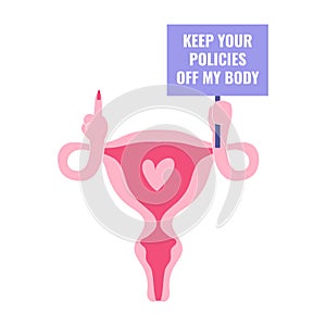 Uterus showing the rude finger and holding the protest banner. Keep your policies off my body text. Abortion flyer