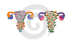 Uterus or Womb Arranged from Flowers and Plants as Healthy Female Reproductive System Organ Vector Set