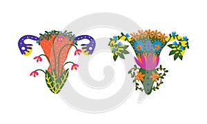 Uterus or Womb Arranged from Flowers and Plants as Healthy Female Reproductive System Organ Vector Set