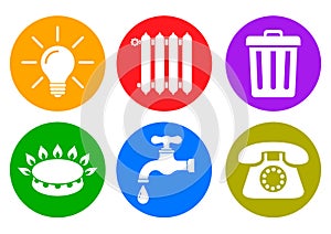 Utilities icons in flat style: water, gas, lighting, heating, phone, waste â€“ vector