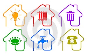 Utilities icons in flat style: water, gas, lighting, heating, phone, waste â€“ vector