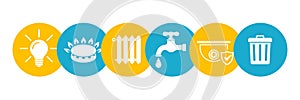 Utilities icons in flat style: water, gas, lighting, heating, security, waste â€“ vector