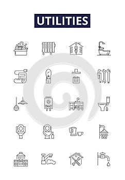 Utilities line vector icons and signs. energy, electric, power, utility, technology, supply, house,cable outline vector