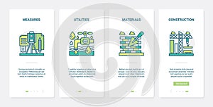 Utilities, materials and building measures UX, UI onboarding mobile app page screen set