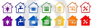 Utility bills icons in flat style in house form: water, gas, lighting, heating, waste, security, repair. Set utility payments