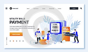 Utility bills online payment concept. Vector illustration of people characters, electricity invoice, electricity meter