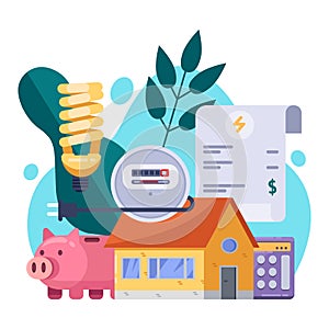 Utility bills and saving resources concept. Vector flat illustration. Electricity invoice payment