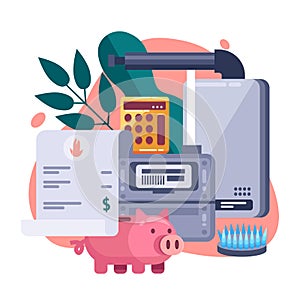 Utility bills and saving resources concept. Vector flat illustration. Gas invoice payment