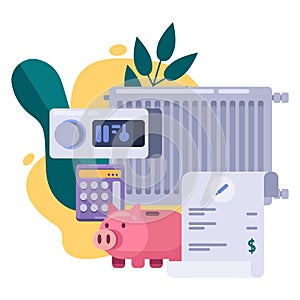 Utility bills and saving resources concept. Vector flat illustration. Heating invoice payment