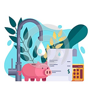 Utility bills and saving resources concept. Vector flat illustration. Water invoice payment
