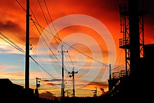 Utility pole, city, street, silhouette in sunset, design architecture, landscape